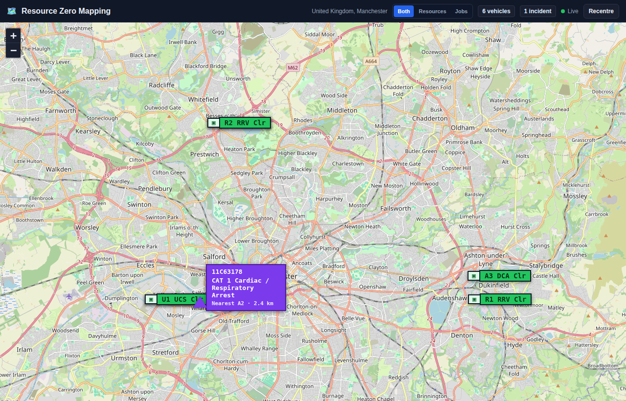 Resource Zero live map showing ambulance positions, stations and incidents